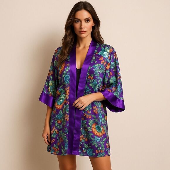 Victoria’s Secret Gold Label Vintage Satin Floral Purple Robe - Picture 1 of 5